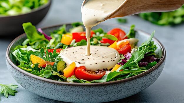 Fresco ensalada con cremoso vendaje siendo vertido foto