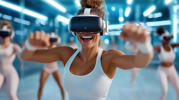 High energy dance workout session in virtual reality with joyful participants photo