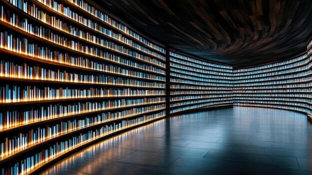 Futuristic library with illuminated bookshelves showcasing vibrant books in curved design photo