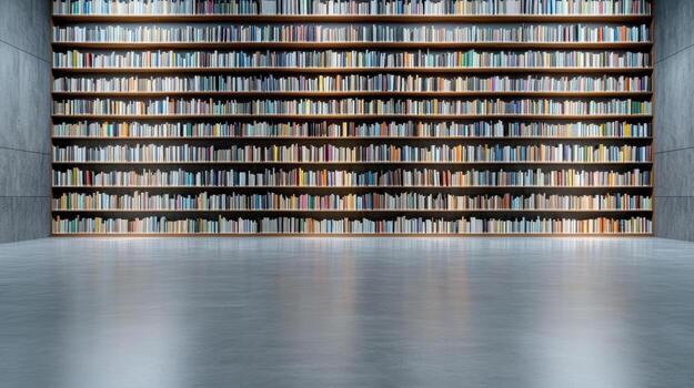Modern library interior featuring extensive bookshelves filled with colorful books photo