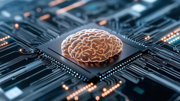 Brain integrated with circuit board symbolizes advanced technology and artificial intelligence photo