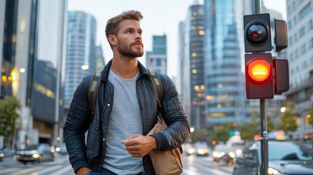 Urban scene with man waiting traffic light city. red signal indicates stop, while skyscrapers photo