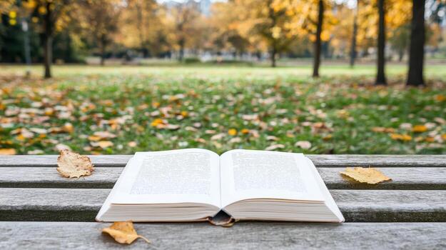 Open book rests on wooden bench surrounded by autumn leaves in serene park photo