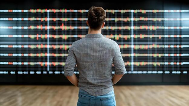 Analyzing data trends, person observes digital display of financial charts, reflecting market photo