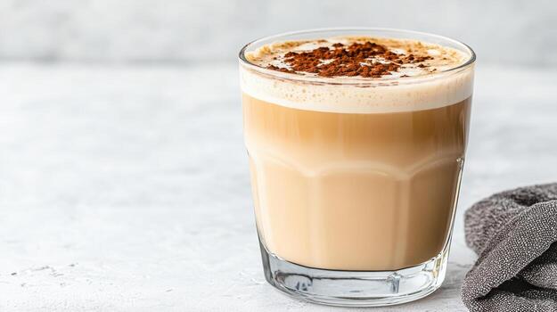 Creamy latte in glass cup topped with cocoa powder, showcasing rich layers and texture photo
