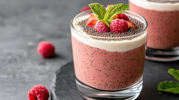 Layered smoothie with chia seeds, raspberry puree, and yogurt topped with fresh fruit photo