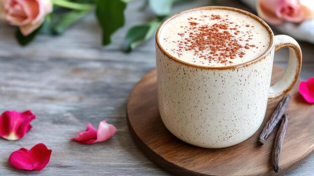 Creamy latte topped with cocoa powder, surrounded by rose petals and vanilla pods, evokes warmth photo