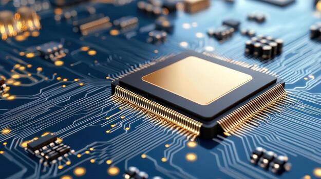 High tech circuit board with central processing unit, showcasing intricate details photo