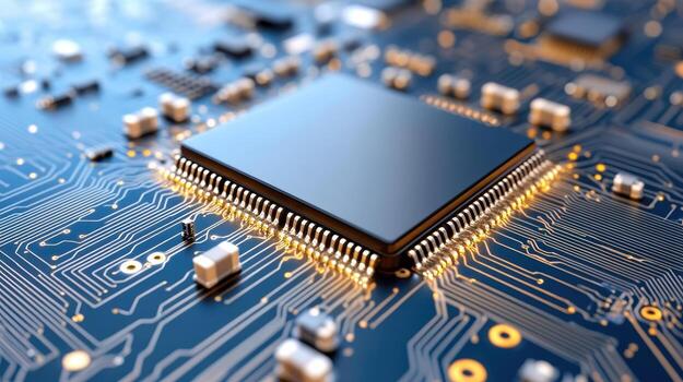 High tech microprocessor on circuit board, showcasing intricate design and advanced technology photo