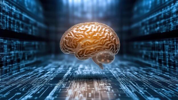 Digital brain model surrounded by futuristic circuit background symbolizes advanced technology photo
