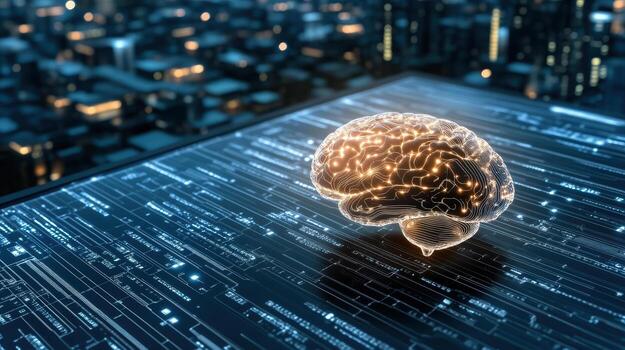 Glowing brain model on digital circuit board, symbolizing advanced technology and intelligence photo