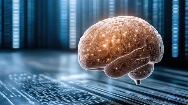 Digital brain with intricate circuitry glows futuristic environment, symbolizing advanced photo