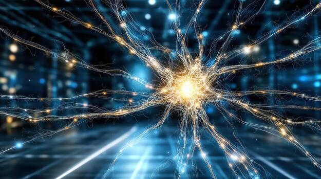 Bright neural connections radiate digital space, showcasing synaptic activity and vibrant energy photo