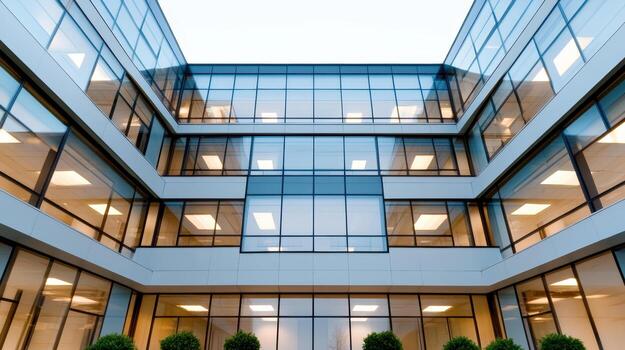 Modern office building with large glass windows reflecting sky and surrounding greenery photo