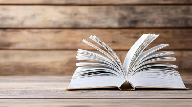 Open book with pages fanned out on wooden table, showcasing its content and design photo