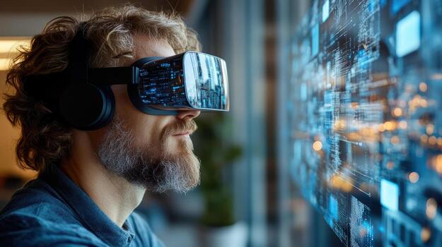 Immersive virtual reality experience with man wearing headset, exploring digital landscapes photo