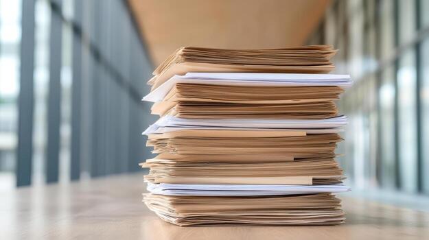 Stacks of financial papers on wooden table, symbolizing audit crisis and overwhelming paperwork photo