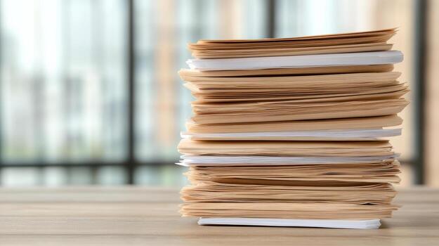 Stacks of financial papers on wooden table, symbolizing audit crisis and overwhelming workload photo