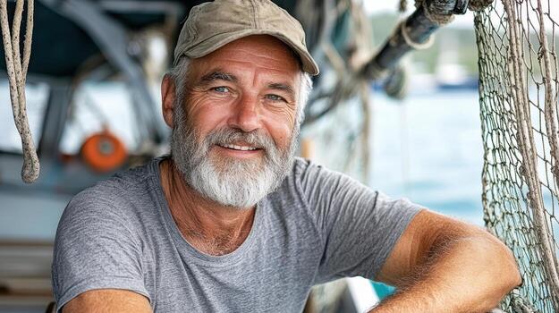 Smiling old fisherman on boat with fishing net, showcasing joyful spirit and experience photo