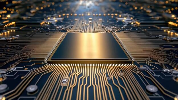 High tech circuit board with intricate patterns and glowing elements, showcasing modern photo