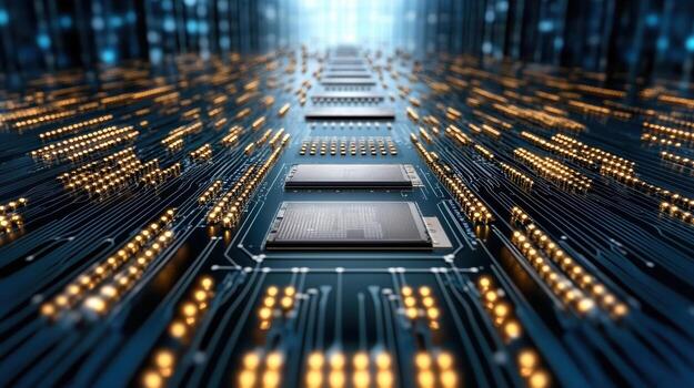 High tech circuit board with glowing chips and intricate pathways, showcasing advanced photo