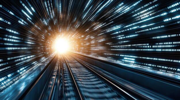 Bright light tunnel with dynamic motion, representing speed and technology photo