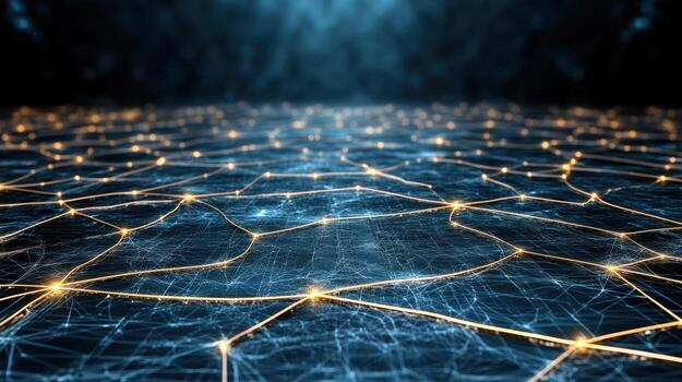 Futuristic network visualization with glowing connections and dark background creates sense photo