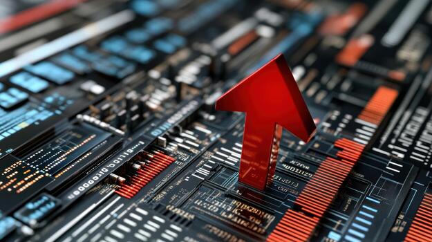 Red arrow indicating growth digital financial screen, symbolizing market trends and data photo