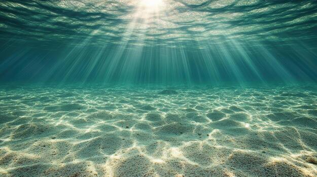 Underwater scene with sunlight rays illuminating sandy ocean floor, creating serene atmosphere photo