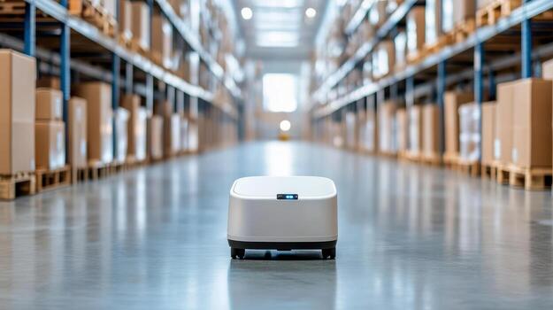 Automated robot navigating through smart warehouse filled with cardboard boxes, showcasing photo