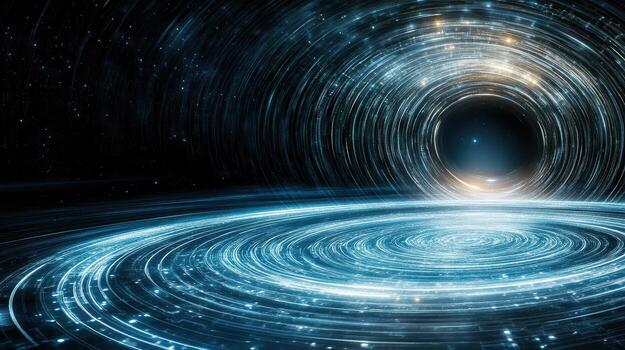 Mesmerizing cosmic scene depicting swirling light patterns around black hole, evoking sense photo