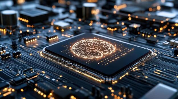 Detailed circuit board with glowing brain design, symbolizing technology and intelligence photo