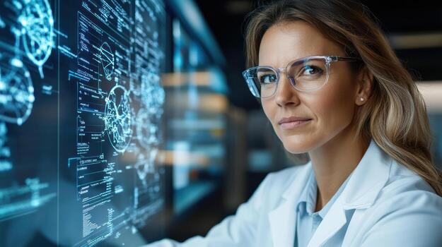 Innovative scientist analyzing glowing neural network hologram in modern lab photo