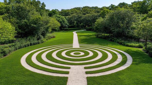 Aerial view of labyrinth garden with circular pathways surrounded by lush greenery photo
