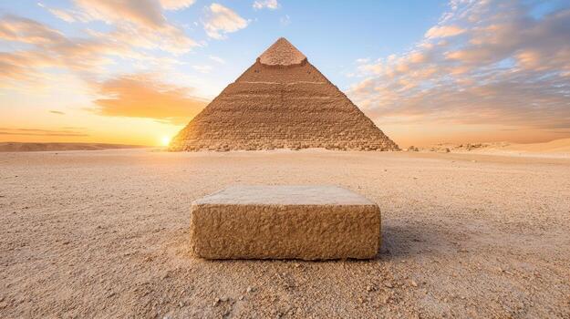 Ancient Egyptian pyramid under golden sunset with stone block in foreground photo