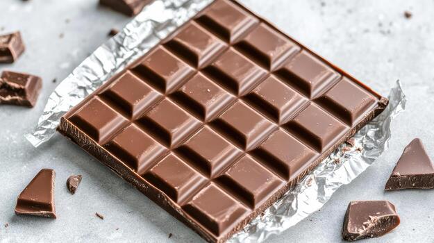 Rich chocolate bar with shiny wrapper partially open, showcasing its smooth texture and squares photo