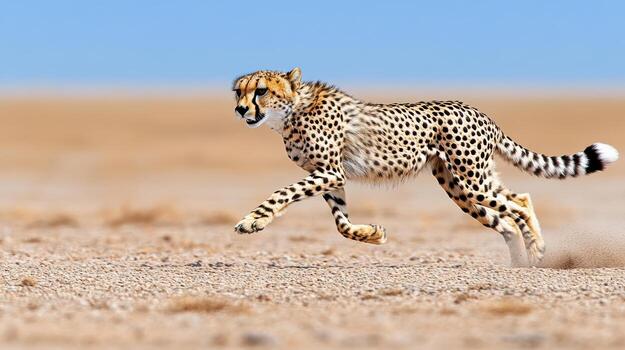 Cheetah sprinting across wide open savanna, showcasing speed and agility in natural habitat photo