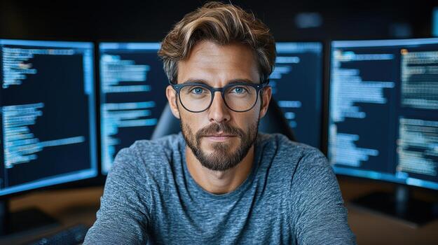 Cybersecurity analyst focused monitoring digital threats with multiple screens displaying code photo