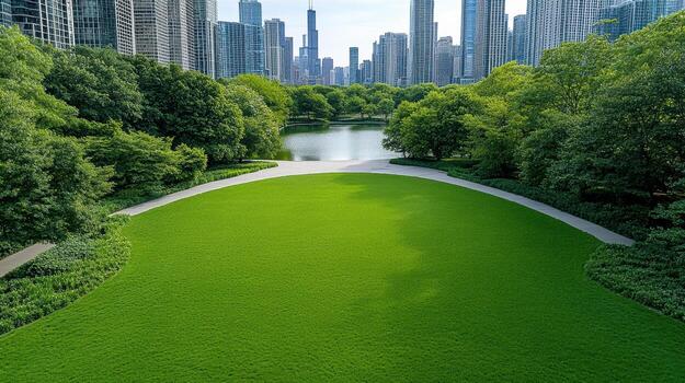 Lush green park with geometric layout, surrounded by tall city buildings, creating serene photo