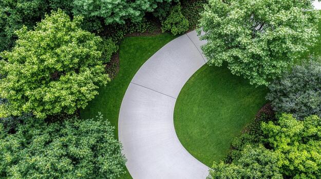 Curved pathway surrounded by lush greenery and trees creates serene outdoor scene photo