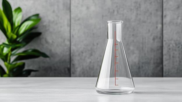 Glass measuring beaker with red scale marks, placed on table with plant in background photo