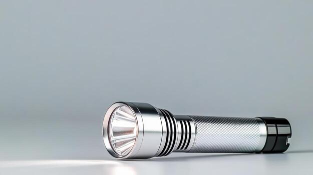 brillante metal Linterna con enfocado haz descansando en suave superficie, exhibiendo sus pulcro diseño foto