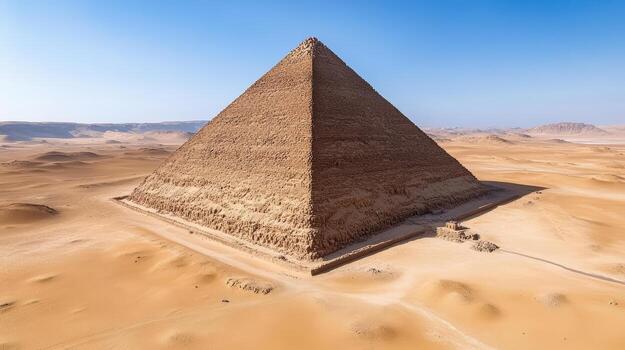 Image features majestic pyramid surrounded by vast desert landscapes, showcasing ancient photo