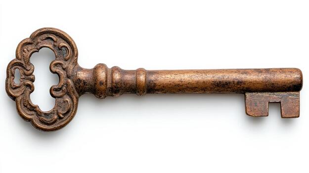 Ornate old key with intricate handle lying flat white background, evoking nostalgia and history photo