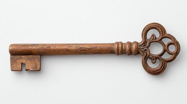 Old key with ornate handle lying flat white background, showcasing intricate design and vintage photo
