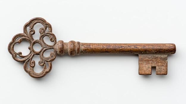Ornate old key with intricate handle lying flat white background, evoking sense of history photo