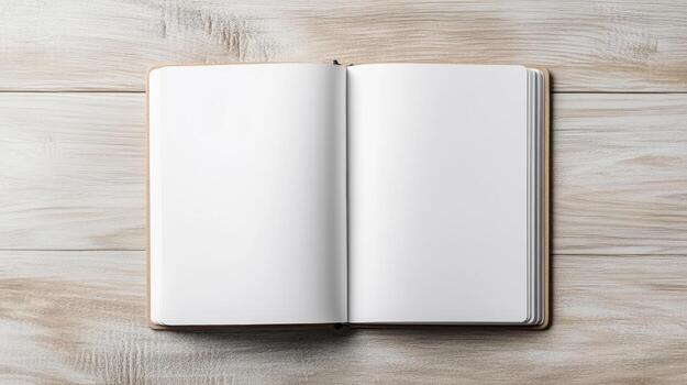 Blank notebook with open pages on wooden surface, inviting creativity and ideas photo