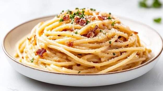 Creamy spaghetti carbonara topped with crispy bacon bits and parsley, served in white bowl photo