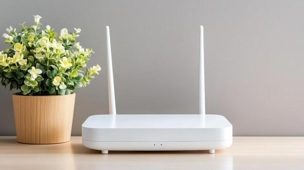 inalámbrico enrutador con antenas en de madera mesa junto a en conserva planta, creando moderno Mira foto