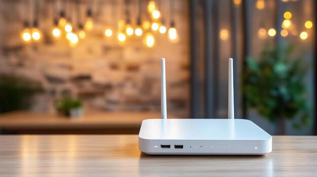 inalámbrico enrutador con antenas, moderno diseño, y calentar Encendiendo crea acogedor atmósfera foto